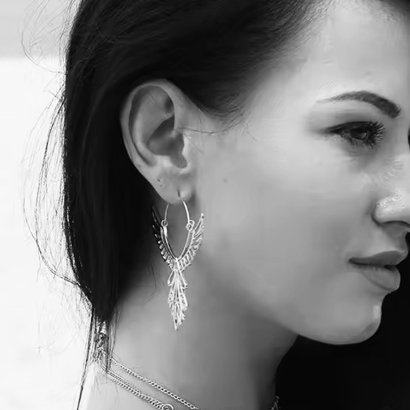 “Thunderbird” Phoenix Silver Guardian Angel Festival Native American Wing Hoops - Picture 10 of 11